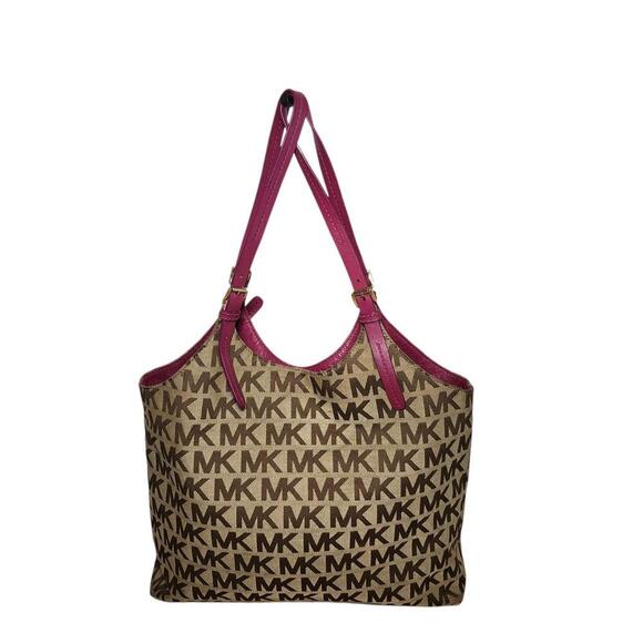 Michael Kors Women's Large Logo Print Tote Bag Brown and Burgundy - Picture 1 of 12